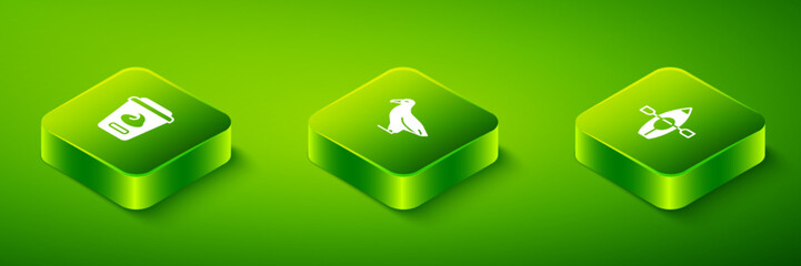 Set Isometric Albatross, Kayak and paddle and Yogurt container icon. Vector