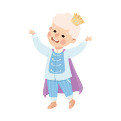 Little Boy Actor in Theater Costume of Prince with Crown Showing Performance Vector Illustration