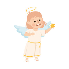 Little Girl Actress in Theater Costume of Angel with Wings and Nimbus Showing Performance Vector Illustration