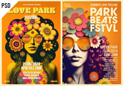 Flower power 60s / 70s style flyer designs with Generative AI