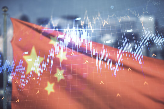 Double exposure of abstract creative financial diagram and world map on Chinese flag and city background, banking and accounting concept