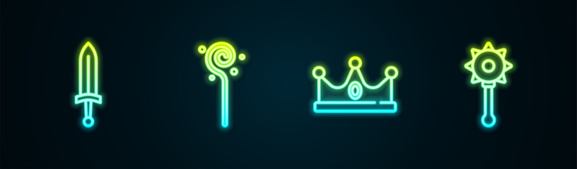 Set line Medieval sword, Magic staff, King crown and chained mace ball. Glowing neon icon. Vector