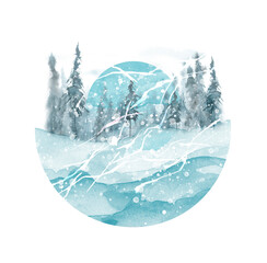 Watercolor art illustration. Drawing of the forest, pine tree, spruce, cedar. Dark, dense forest, suburban landscape. Postcard, logo, card. Misty forest, haze. Watercolor card, invitation. Sunset, sun