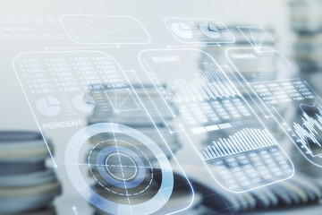 Abstract virtual analytics data spreadsheet on coins background, analytics and analysis concept. Multiexposure