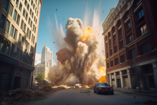 Old building demolition by controlled implosion using explosives aftermath. Generative AI.