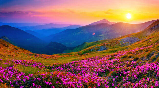 Magic pink flowers rhododendrons at sunset. Carpathian mountains, National Park Chornohora, Ukraine, Europe.