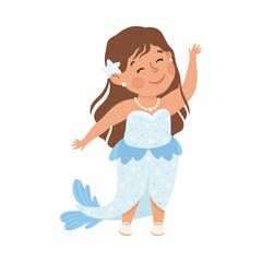 Little Girl Actress in Theater Costume of Mermaid with Fish Tail Showing Performance Vector Illustration