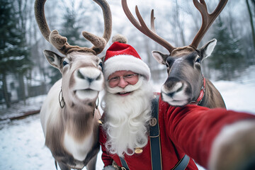 creative illustration happy smiling santa claus taking a selfie with reindeer  joyful happy santa claus and reindeer are photographed together at christmas on mobile phone Generative AI © Aksana