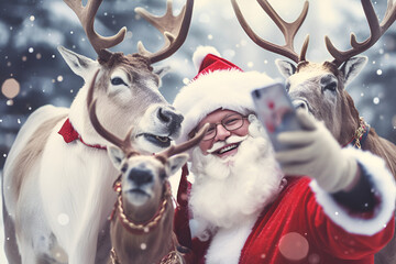 creative illustration happy smiling santa claus taking a selfie with reindeer  joyful happy santa claus and reindeer are photographed together at christmas on mobile phone Generative AI - obrazy, fototapety, plakaty