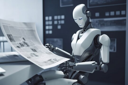 technology ai robot paper document hand laptop digital artificial office. Generative AI.