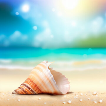 Background with a beautiful shell on the beach. High quality illustration Generative AI