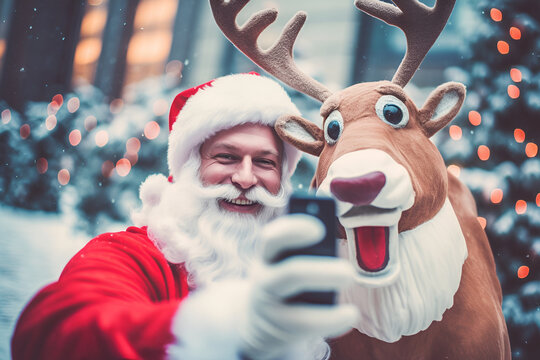 creative illustration happy smiling santa claus taking a selfie with reindeer  joyful happy santa claus and reindeer are photographed together at christmas on mobile phone Generative AI