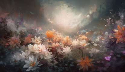Fototapeta na wymiar Enchanted Blooms: A Generative AI Magical, Detailed Floral Oil Painting in a Fantasy Fine Art Style 