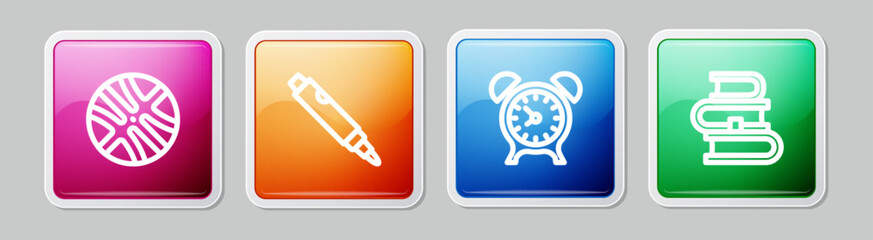 Set line Basketball ball, Marker pen, Alarm clock and Book. Colorful square button. Vector
