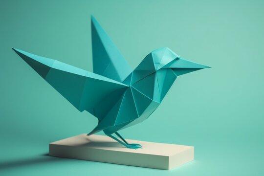 3d paper origami bird pastel blue. AI generated