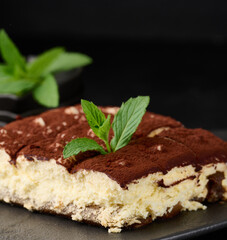 A piece of tiramisu sprinkled with cocoa, on top of a sprig of fresh mint on a black background