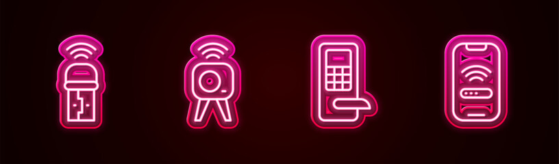 Set line Usb wireless adapter, Web camera, Digital door lock and Mobile with wi-fi. Glowing neon icon. Vector