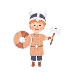 Little Boy Actor in Theater Costume of Viking with Shield and Axe Showing Performance Vector Illustration