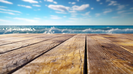 Fototapeta na wymiar wooden table in front of Summer sea Generative AI