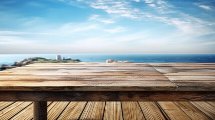 Naklejka na ściany i meble Coastal wooden table with panoramic summer sea view. Generative AI