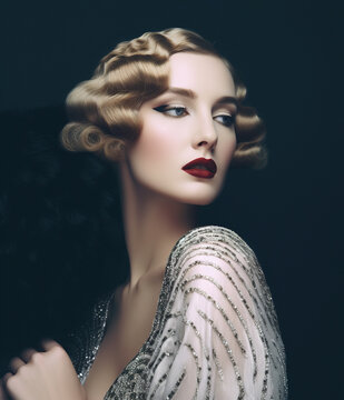 Portrait of beautiful elegant woman, Art Deco retro style. AI generated image.