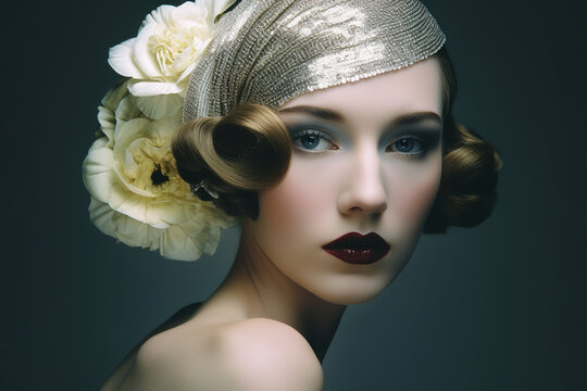 Portrait of beautiful elegant woman, Art Deco retro style. AI generated image.