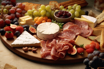 Top view Gourmet charcuterie and cheese board