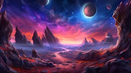 Landscape of an alien planet in purple color with rocks, meteorites, asteroids and planets. AI generation
