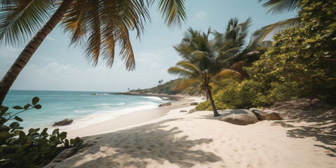 Fototapeta na wymiar Tropischer Palmenstrand mit Blick aufs Meer blauer Himmel und Sonnenschein Hintergrund Bild - mit KI erstellt 