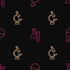 Set line Test tube, Microscope and on seamless pattern. Vector