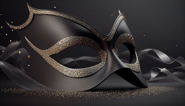 Elegant costume masquerade black mask w ribbons luxurious backdrop of glitter, sparkle, photography style for beautiful festive holiday invitations announcements flyers (generative AI, AI) 