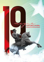 "19 Mayıs Atatürk'ü Anma, Gençlik ve Spor Bayramı", Turkish Translation: "19 May Commemoration of Atatürk, Youth and Sports Day".