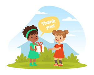 Polite little girl thanking her friend for gift. Well mannered kid, good manners and respect cartoon vector - obrazy, fototapety, plakaty
