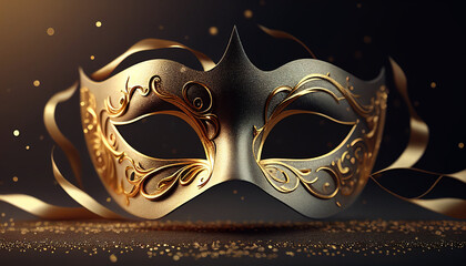 Elegant costume masquerade golden gold mask w ribbons luxurious backdrop of glitter, sparkle, photography style for beautiful festive holiday invitations announcements flyers (generative AI, AI) 