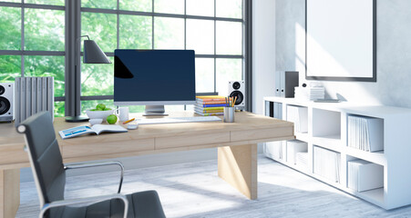 Interior of a modern home office next to a big window. Light wood desk with organized set up of books, office supplies and computer with some room decor around it.	
