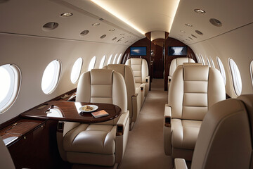 Luxury interior in the modern business jet and sunlight in the porthole. Generative AI