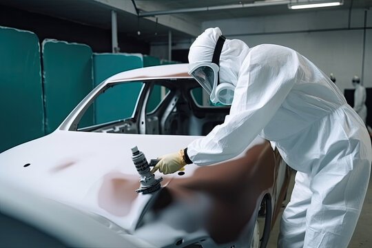 Car painter in protective clothes paints automobile with paint in chamber workshop. Generative AI