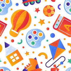 Kids Land Club Seamless Pattern with Bright Toy and Childish Entertainment Objects for Playing Vector Template