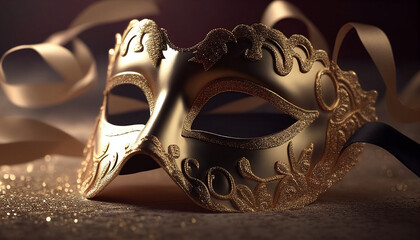 Elegant costume masquerade golden gold mask w ribbons luxurious backdrop of glitter, sparkle, photography style for beautiful festive holiday invitations announcements flyers (generative AI, AI) 