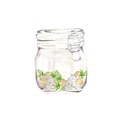 a set of watercolor elements in the sketch style. bright mint with leaves and flowers. Tea set. for postcards and design.