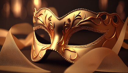 Elegant costume masquerade golden gold mask w ribbons luxurious backdrop of glitter, sparkle, photography style for beautiful festive holiday invitations announcements flyers (generative AI, AI)  - obrazy, fototapety, plakaty