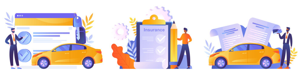 Set of auto insurance. Scenes of men with documents and vehicle. Deal and successful negotiations, insurance agent with client. Cartoon flat vector illustrations isolated on white background