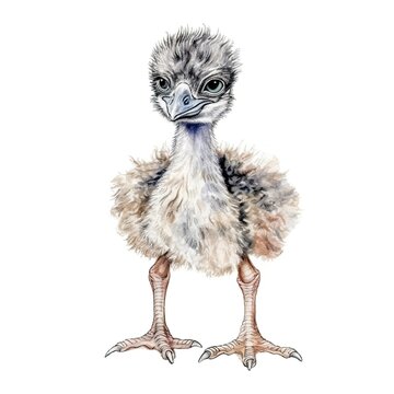 recommend clip art: Baby Emu watercolor with ink outline on white background, high detailed (generative AI)