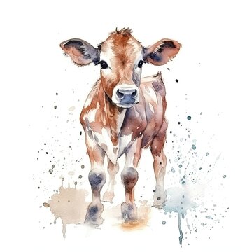 Baby Cow watercolor with ink outline on white background, high detailed (generative AI)