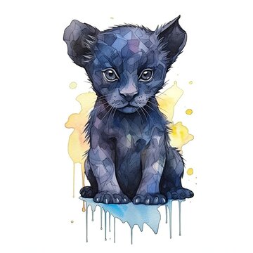 Baby Black panther watercolor with ink outline on white background, high detailed (generative AI)