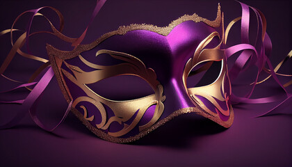 Elegant costume masquerade jewel purple mask w ribbons luxurious backdrop of glitter, sparkle, photography style for beautiful festive holiday invitations announcements flyers (generative AI, AI) 