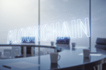 Abstract virtual blockchain technology sketch on a modern boardroom background, future technology and blockchain concept. Double exposure