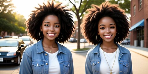 Two best African american female friends together standing outside in sunny street looking at camera. Happy African young woman laughing. They dressed white t-shirts and denim jackets. Generative AI