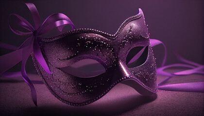 Elegant costume masquerade jewel purple mask w ribbons luxurious backdrop of glitter, sparkle, photography style for beautiful festive holiday invitations announcements flyers (generative AI, AI) 