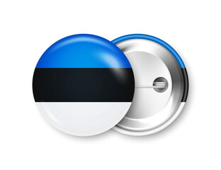 Realistic button badge with printed Estonian flag. Souvenir from Estonia. Glossy pin badge with shiny metal clasp. Product mockup for advertising and promotion. Vector illustration